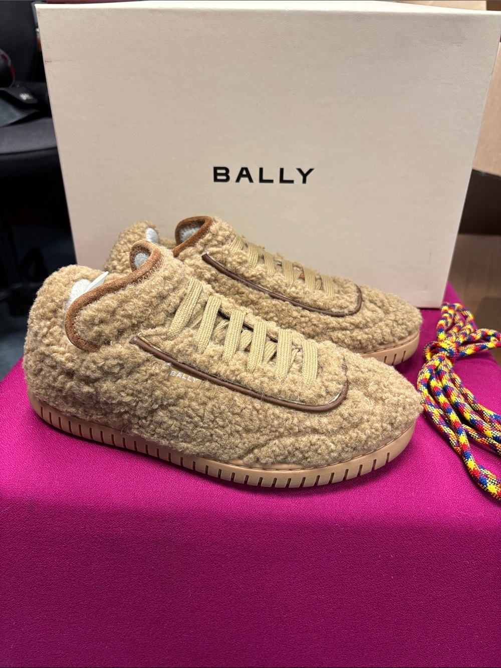 Bally Teddy Shearling Sneakers in Camel Beige